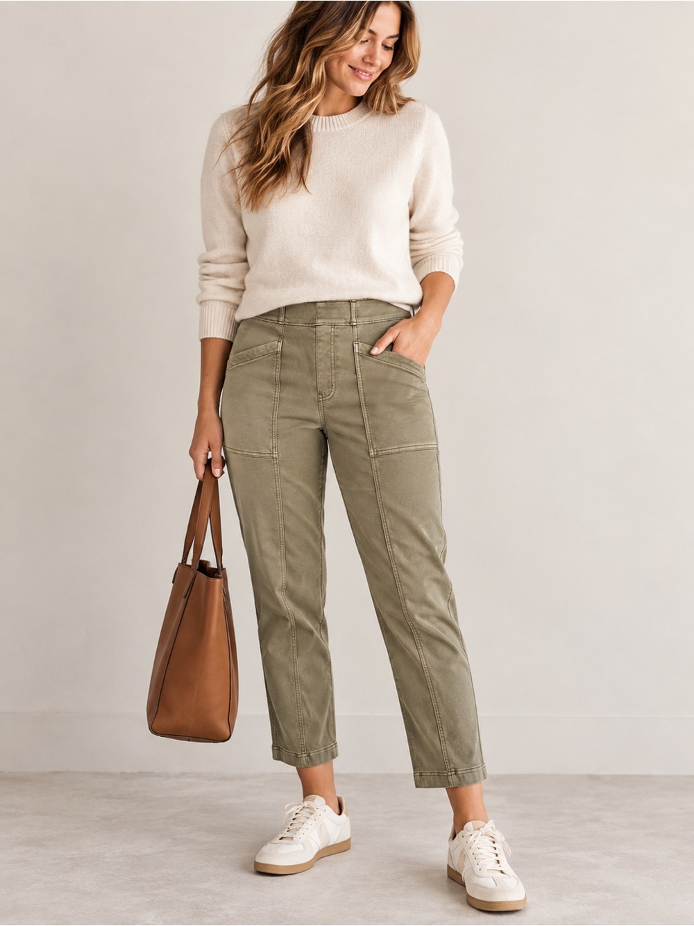 SPANX Stretch Twill Straight Leg Pants L Olive Oil Utility High Rise